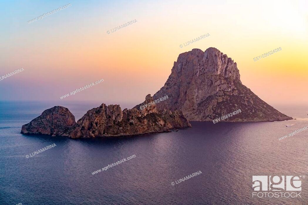 Stock Photo: Es Vedra islet sunset in Sant Josep of Balearic Islands.