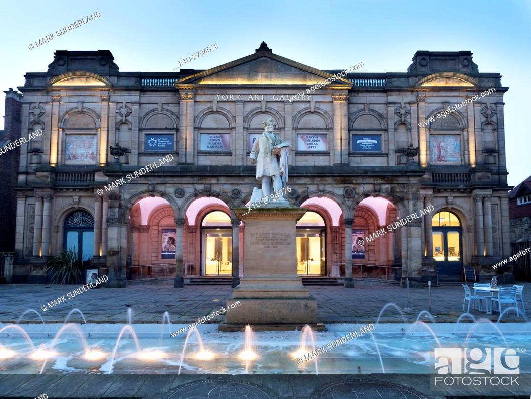 Stock Photo: York Art Gallery and Fountain in Exhibition Square at Dusk City of York Yorkshire England.