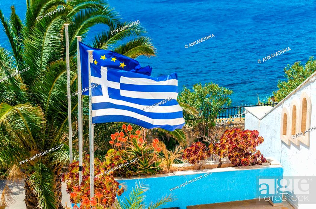 Stock Photo: Greece and European Union flag on the background of plam tree and sea taken on Greek Island, Greece.