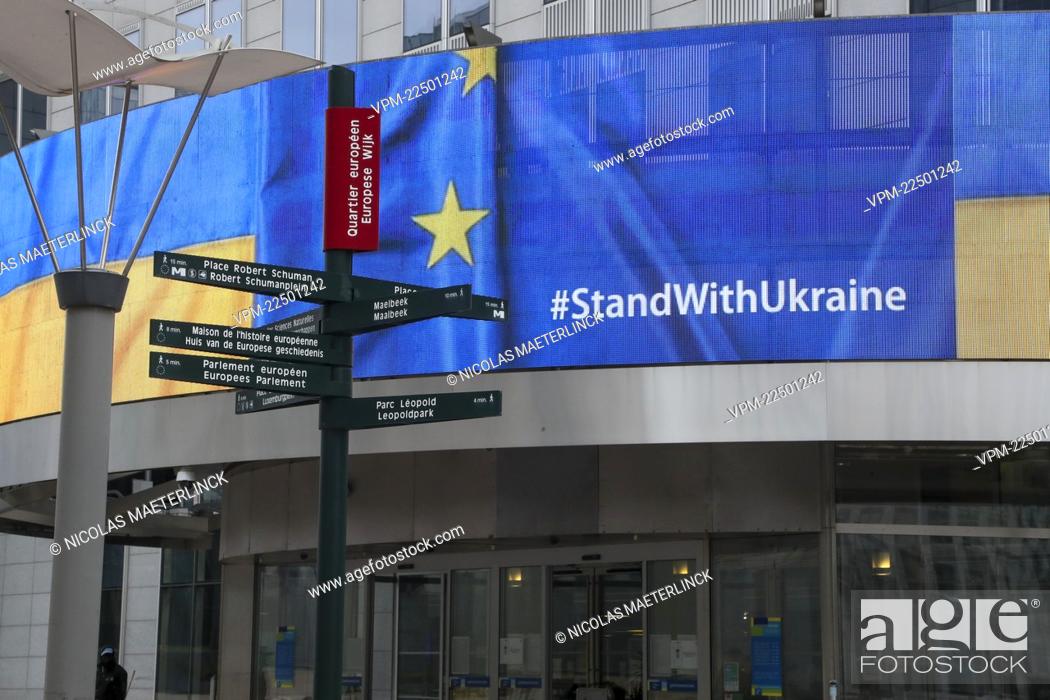 Stock Photo: Illustration picture shows European and Ukrainian flag and during the inauguration of the Center for Ukrainian Civil Society, near the European Parliament.