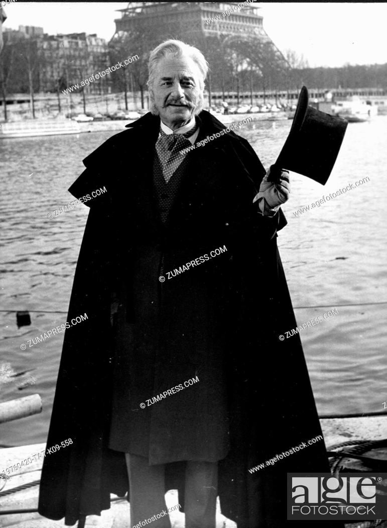 Stock Photo: March 30, 1971 - Paris, France - Actor CLAUDE DAUPHIN in costume as his alias Phileas Fogg, during his tour around the world.
