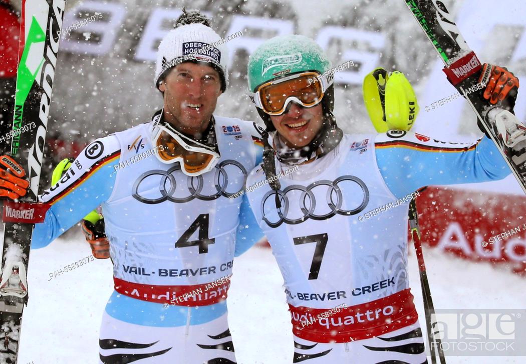 Stock Photo: Felix Neureuther (R) and Fritz Dopfer of Germany react after the mens slalom at the Alpine Skiing World Championships in Vail - Beaver Creek, Colorado, USA.