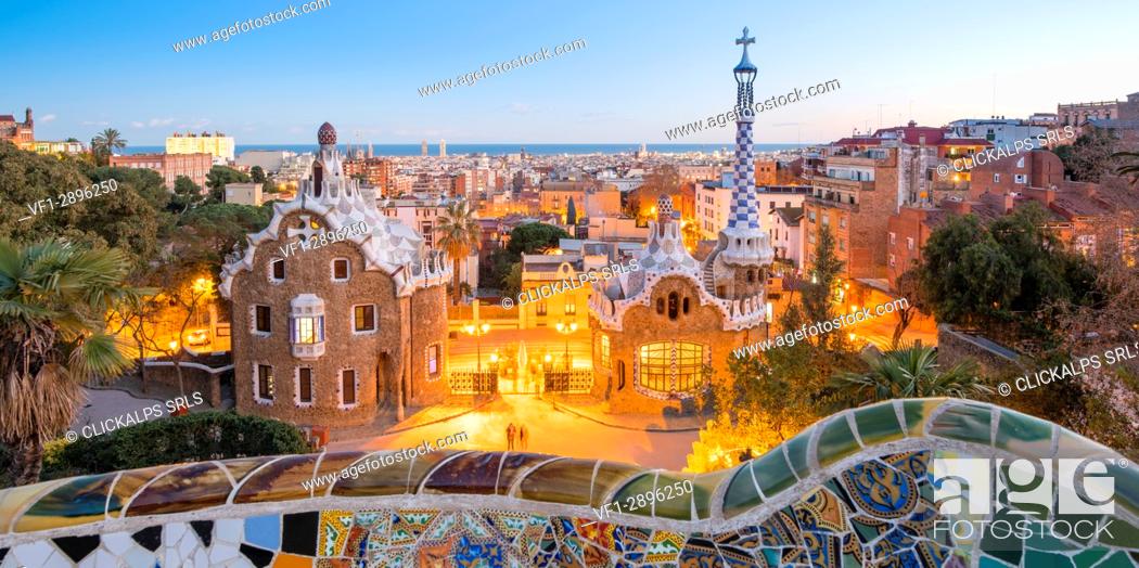 Stock Photo: Barcelona, Catalonia, Spain, Southern Europe. Antonie Gaudi's architecture in Park Guell at dusk.