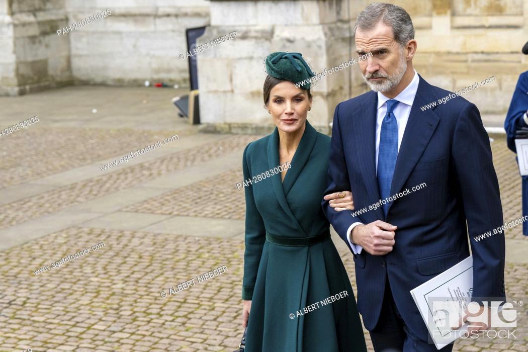 Stock Photo: King Felipe and Queen Letizia of Spain leave at the Westminster Abbey in Londen, on March 29, 2022, after attended the Service of Thanksgiving for the life of.