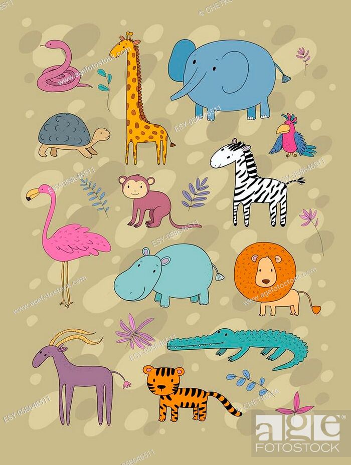 African animals. Cute cartoon lion and tiger, elephant and zebra, monkey  and parrot, Stock Vector, Vector And Low Budget Royalty Free Image. Pic.  ESY-058646511 | agefotostock