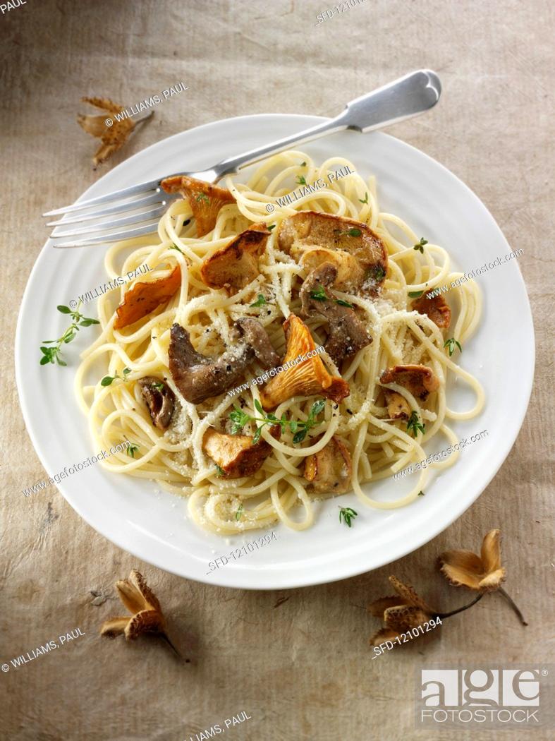 Stock Photo: Spaghetti with wild mushrooms and Parmesan.