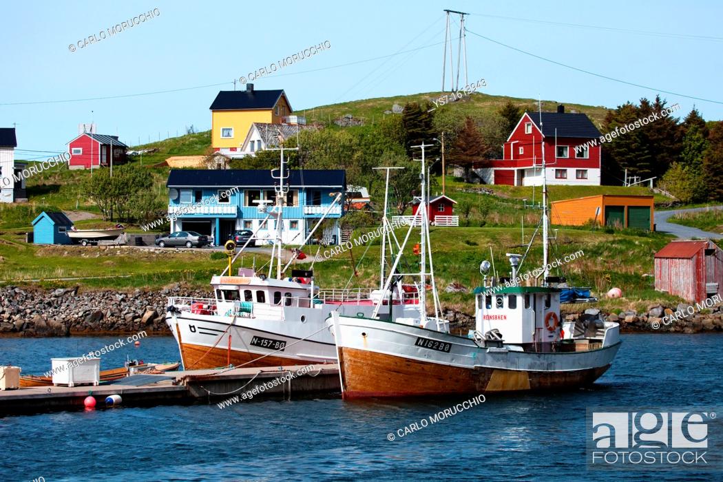 Stock Photo: Moored fishing boats, Vesterålen archipelago it is the northern continuation of Lofoten archipelago, Troms Nordland county, Norway.