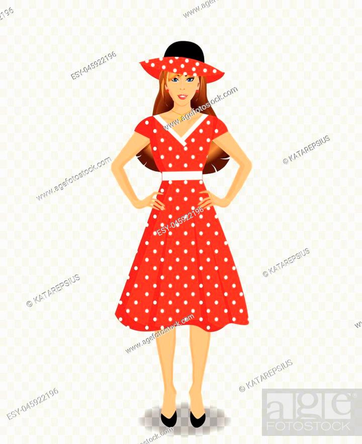 Vector beautiful young woman cartoon character wearing red dress and hat  with white polka dots print..., Stock Vector, Vector And Low Budget Royalty  Free Image. Pic. ESY-045922196 | agefotostock