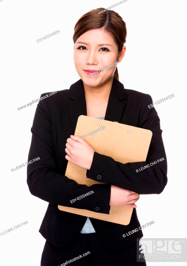 Stock Photo: Asian businesswoman hold with clipboard.