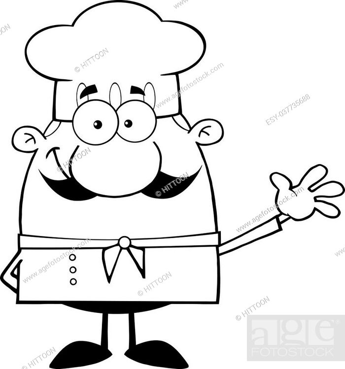 Black and White Cute Little Chef Cartoon Character Waving For Greeting  Illustration Isolated on..., Stock Vector, Vector And Low Budget Royalty  Free Image. Pic. ESY-037735688 | agefotostock