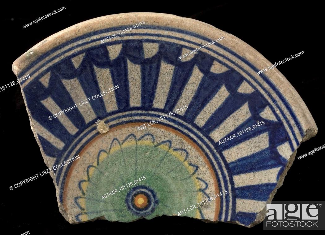 Stock Photo: Fragment of the majolica dish, polychrome, in the middle rosette, surrounded by geometrical patterns, plate crockery holder soil find ceramic earthenware glaze.