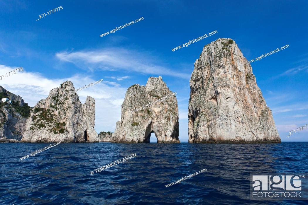 Stock Photo: The Faraglioni sea stack rocks on the Island of Capri, Campania, Italy.