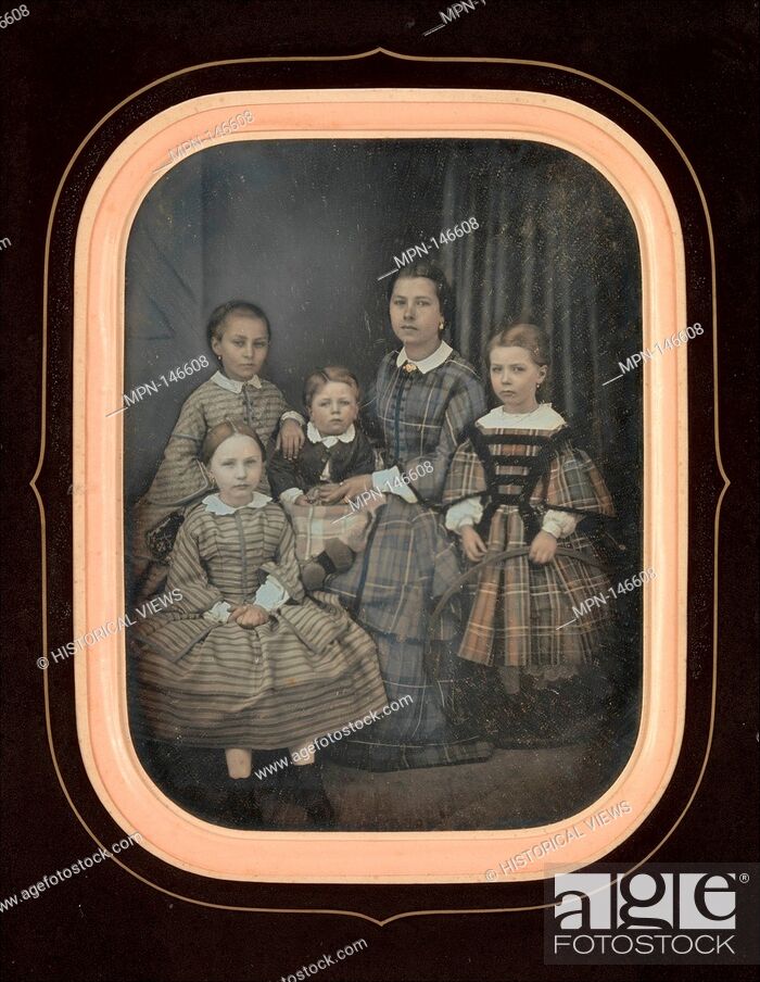 Stock Photo: [Woman with Four Children]. Artist: Alexandre Bertrand (French, born 1822); Date: 1850s; Medium: Daguerreotype; Dimensions: Image: 14.
