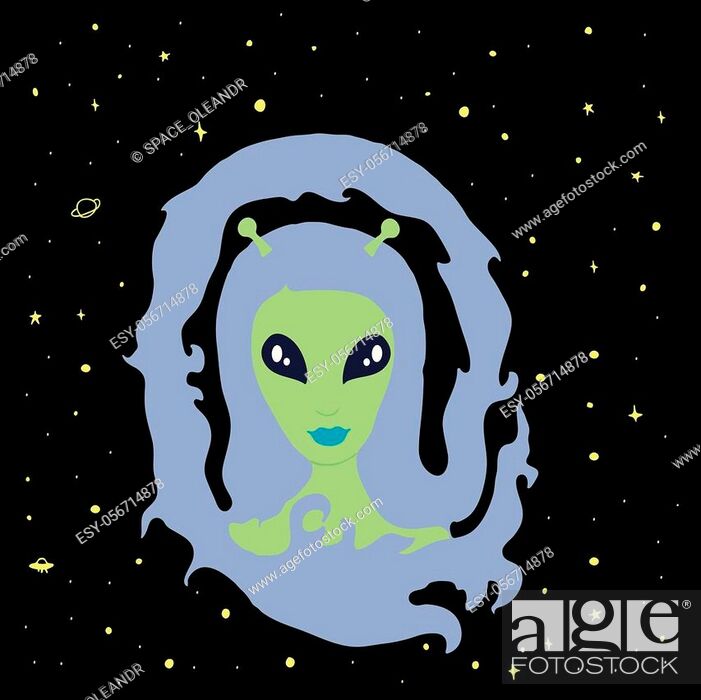 Fantastic, funny, cartoon, face girl alien, with antennas of green skin and  blue long hair, Stock Vector, Vector And Low Budget Royalty Free Image.  Pic. ESY-056714878 | agefotostock