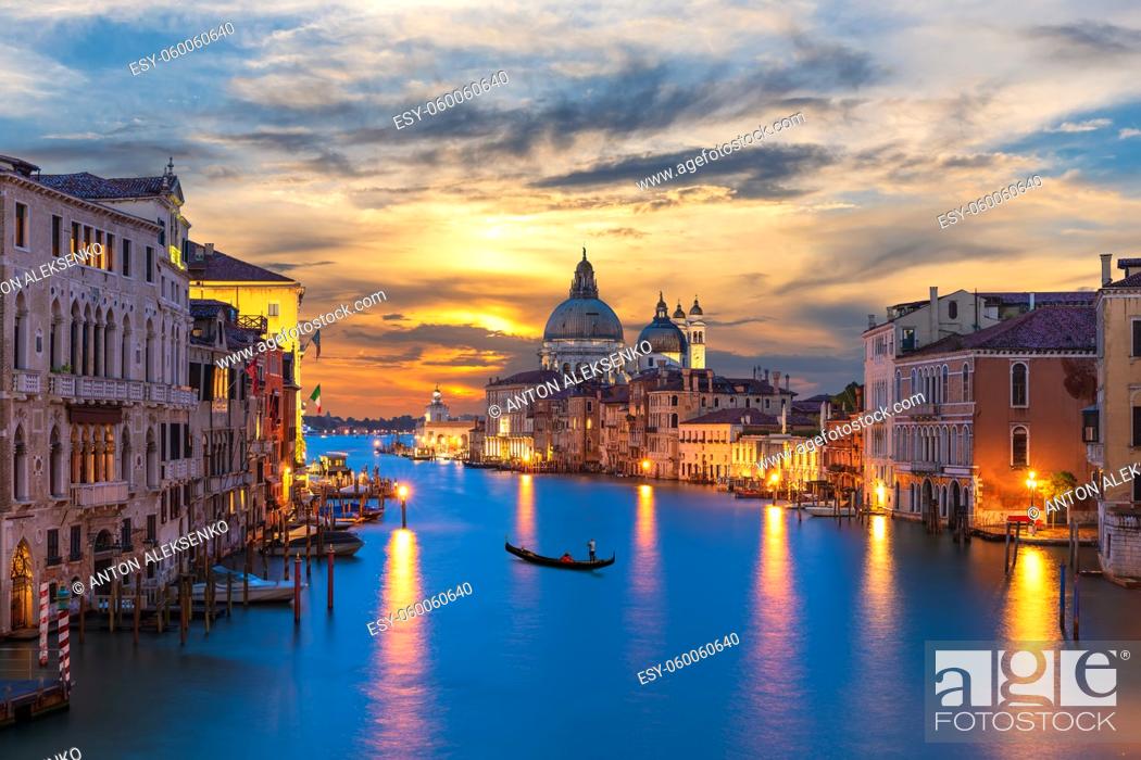 Stock Photo: Grand Canal of Venice with a lonely gandolier at sunset, Italy.