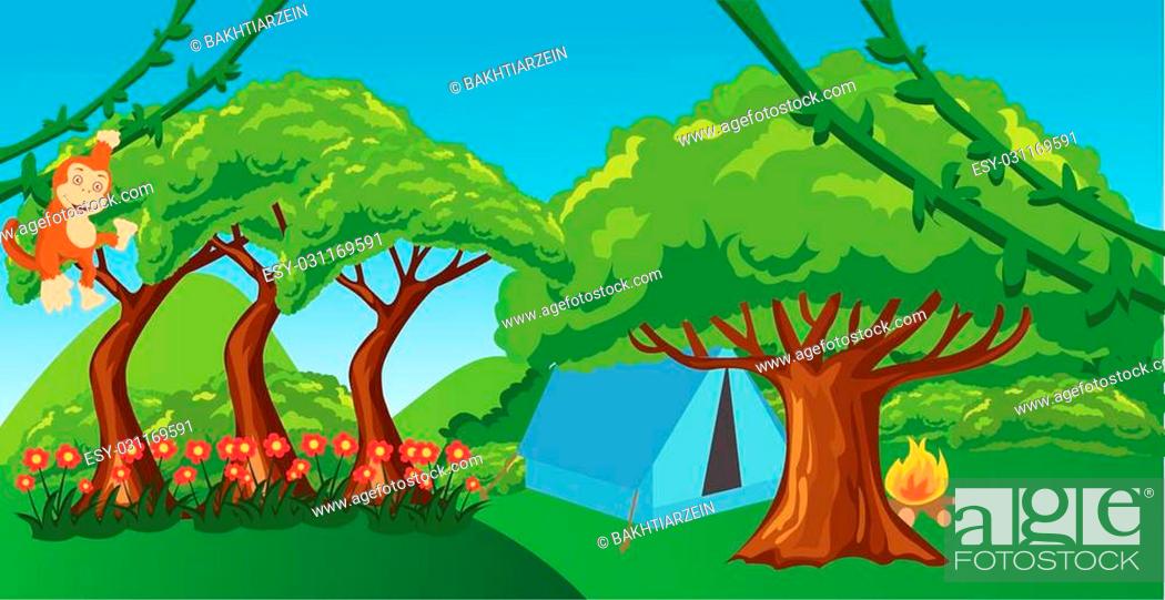 monkey in jungle cartoon forest illustration ape hanging tree vector, Stock  Vector, Vector And Low Budget Royalty Free Image. Pic. ESY-031169591 |  agefotostock