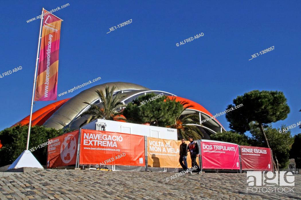 Stock Photo: World Race'11 canvas tent and banners, Port Vell, Barcelona, Catalonia, Spain.