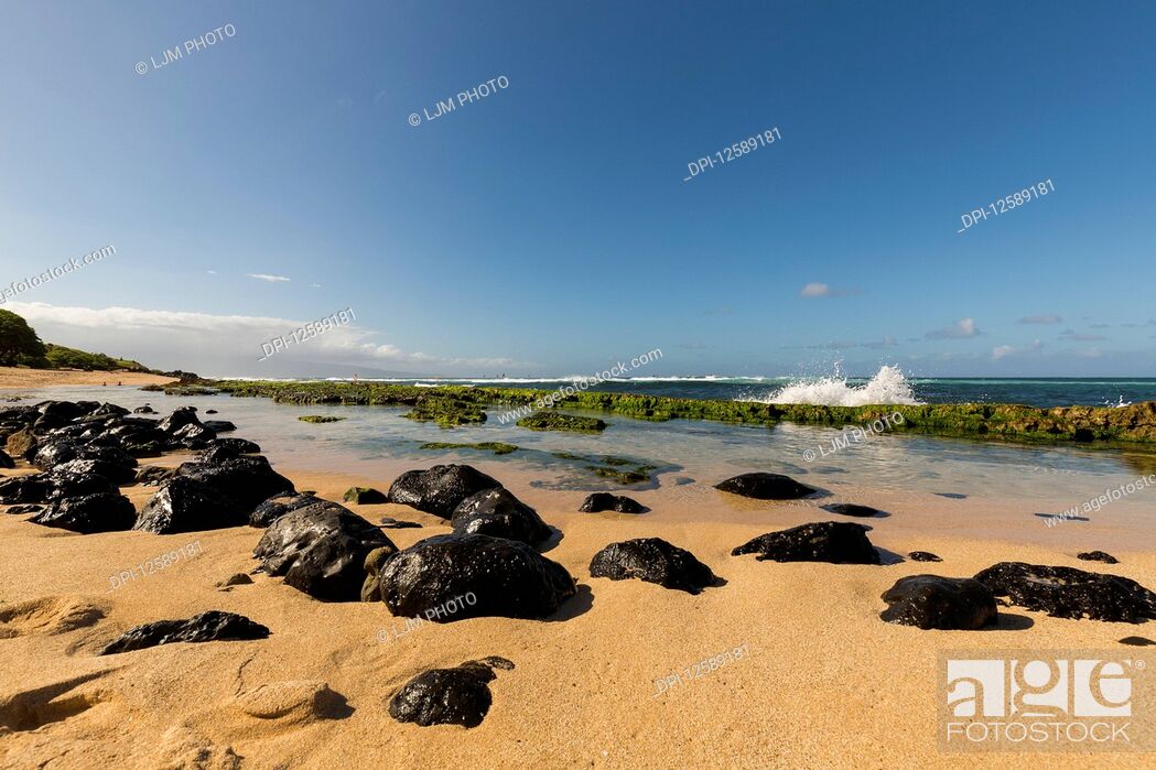 Stock Photo: Rocks on Ho'okipa Beach and a wave crashing against seaweed covered rocks along the shoreline near Paia with windsurfers in the background; Maui, Hawaii.
