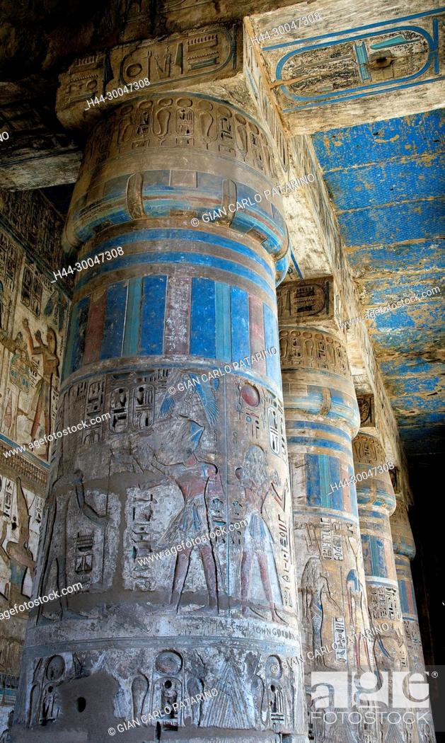 Stock Photo: Medinet Habu, Luxor, Egypt, Djamet, mortuary temple of King Ramses III, XX dyn. 1185 -1078 B.C: colorful columns in second courtyard.