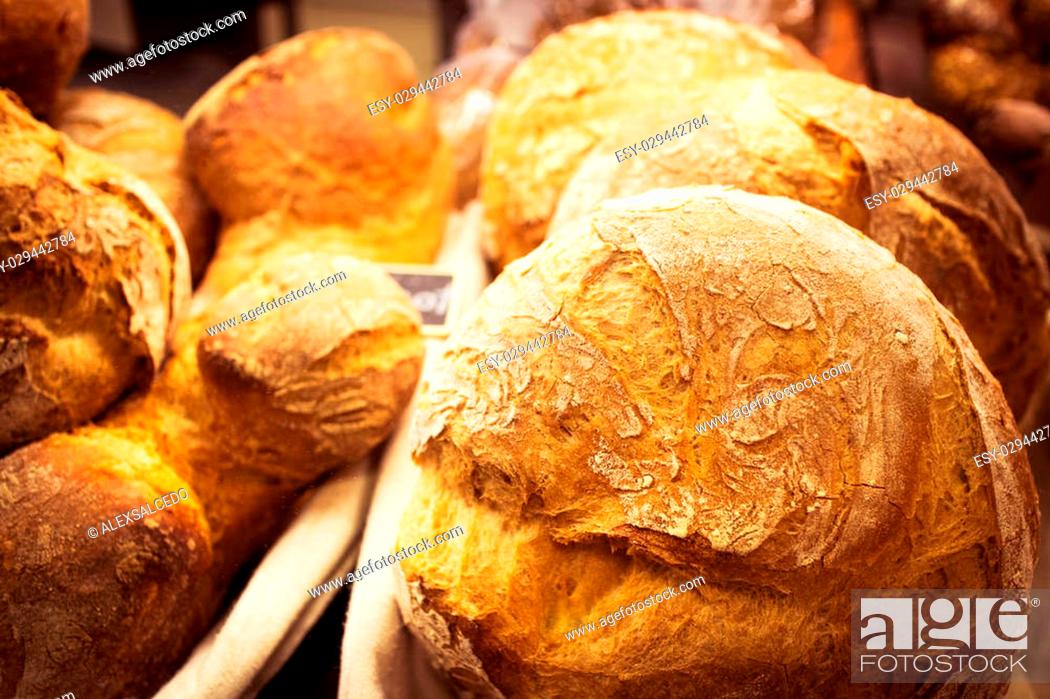 Stock Photo: Fresh bread stall in La Boqueria Market, Barcelona.