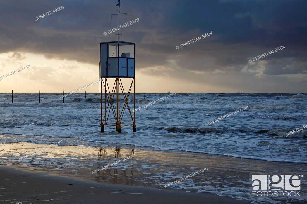 Stock Photo: Tower of the beach supervision in stormy weather, island Wangerooge, the East Frisians, Lower Saxony, Germany, Europe,.