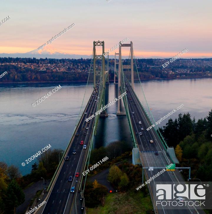 Stock Photo: Traffic makes way across the bridge over Puget Sound in Washington State between Tacoma and Gig Harbor.