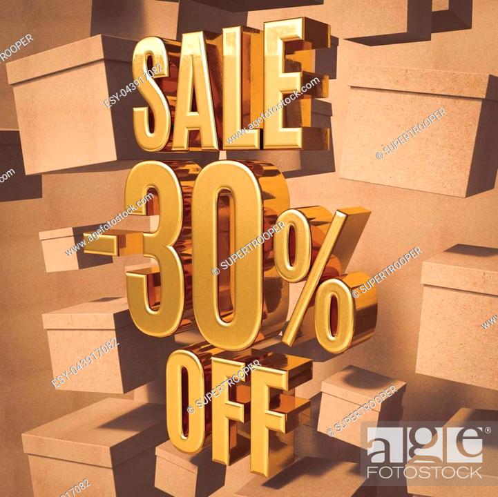 Stock Photo: Gold 30 Percent Off Discount 3d Sign with Packaging Boxes Sale Banner Template, Special Offer 30% Off Discount Tag, Golden Sale Sticker, Gold Sale Symbol.