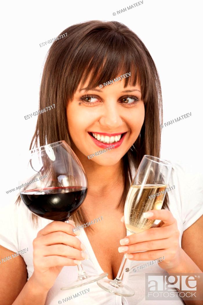 Stock Photo: Young woman comparing two glassed of red and white wine, isolated on white background.