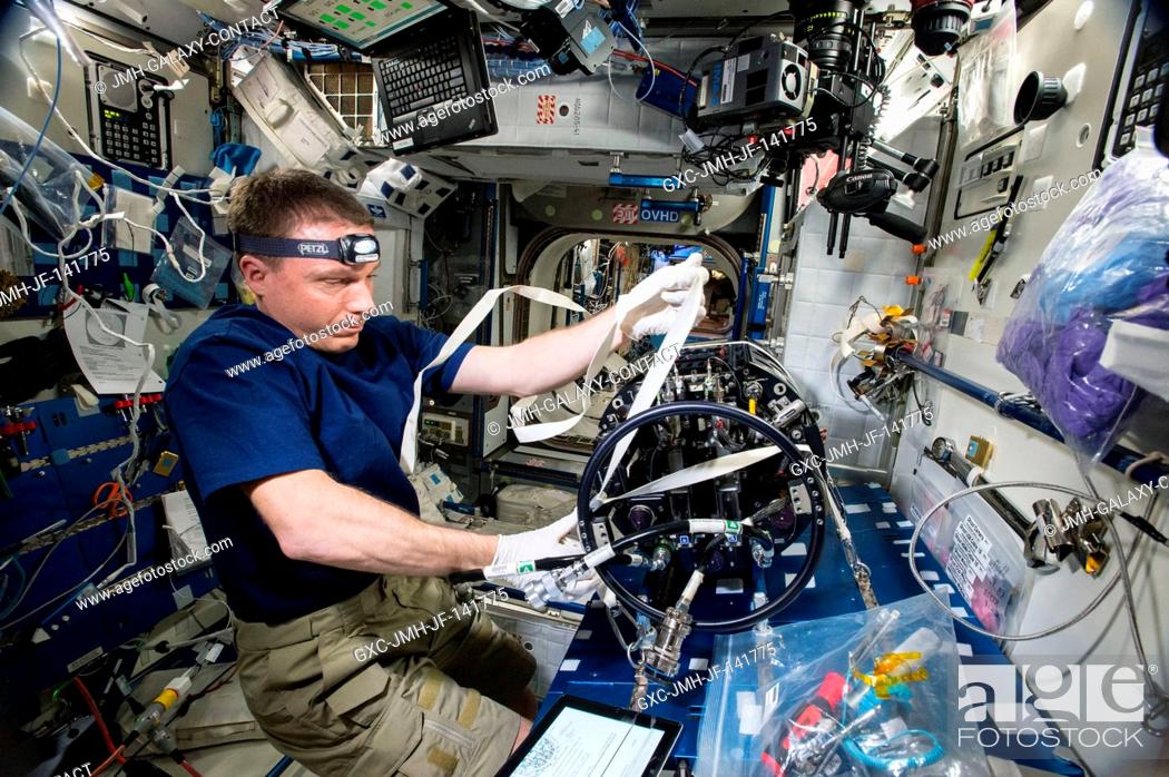Stock Photo: NASA astronaut Terry Virts prepares the Multi-user Droplet Combustion Apparatus from inside the Combustion Integrated Rack for upcoming runs of the FLame.