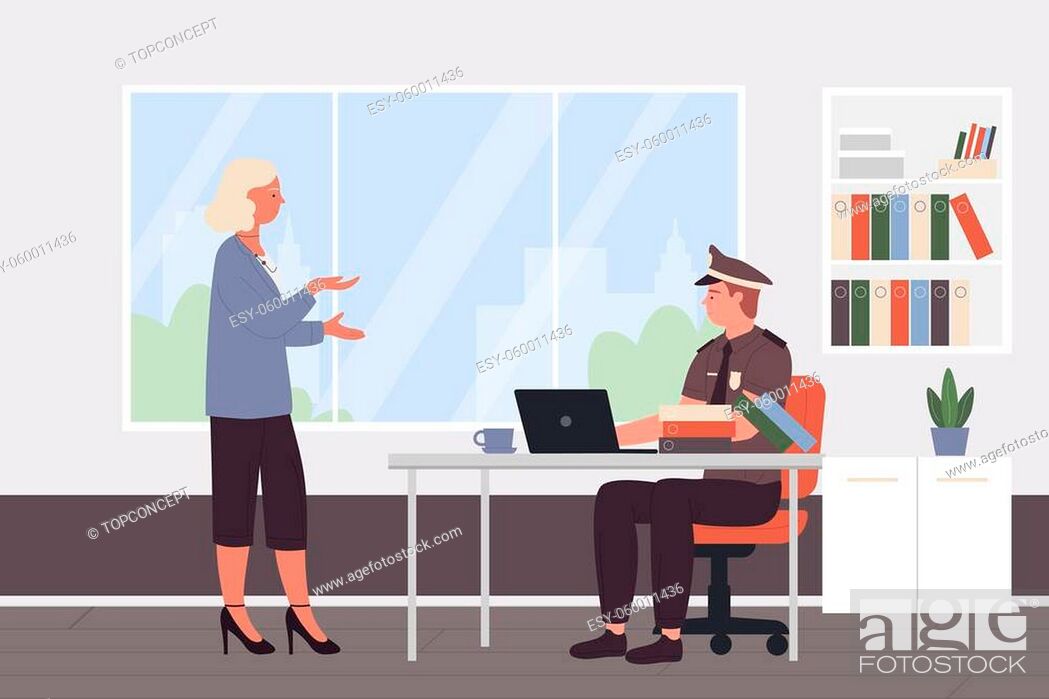 Police officer work vector illustration. Cartoon policeman character  sitting at desk in police..., Stock Vector, Vector And Low Budget Royalty  Free Image. Pic. ESY-060011436 | agefotostock