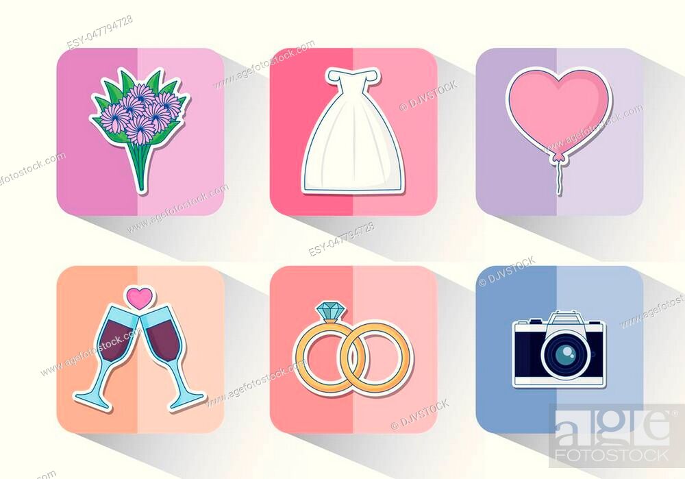 Stock Vector: Icon set of wedding concept over colorful squares and white background, vector illustration.