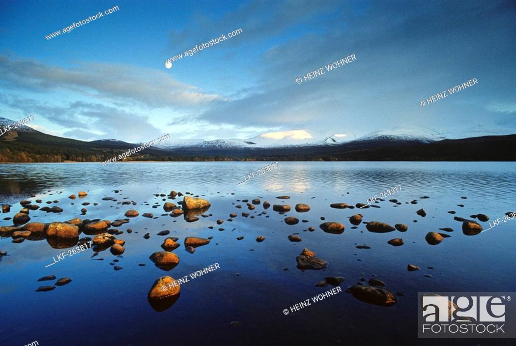 Stock Photo: Loch Morlich, view towards the snow-covered Cairngorm Mountains, Highlands, Grampian, Scotland, Great Britain, Europe.