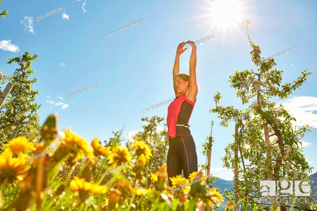 Stock Photo: Young woman meditating outdoors, Meran, South Tyrol, Italy.
