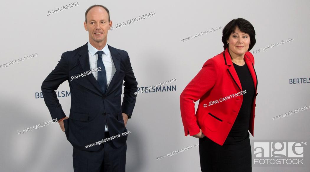 Stock Photo: Bertelsmann SE CEO Thomas Rabe (L) stands next to Anke Schaeferkordt, board member and general manager of the media group RTL Germany.