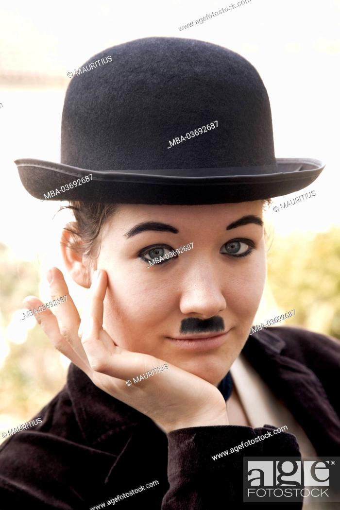 Stock Photo: Woman, young, disguise, imitation, Charlie Chaplin,.