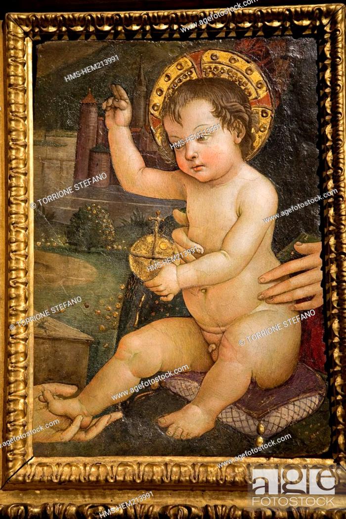 Stock Photo: Italy, Umbria, Perugia, Galleria Nazionale dell'Umbria, Pintoricchio Exhibition, Gesu Bambino Benedicente in un Paesaggio fresco.