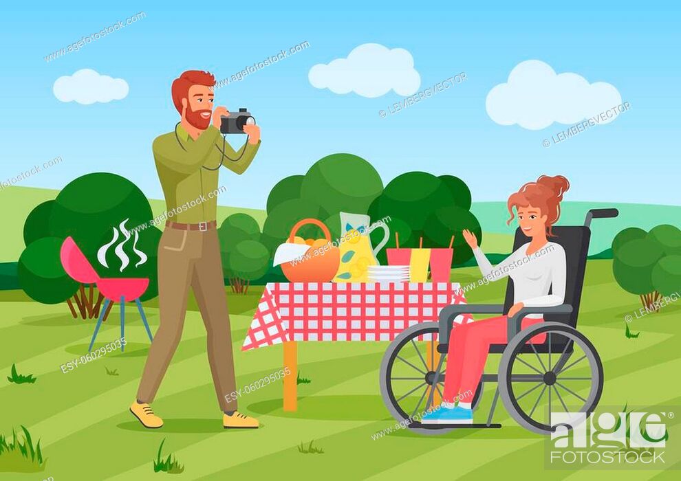 Vecteur de stock: Couple friends people on summer picnic vector illustration. Cartoon woman with disability sitting in wheelchair at table.
