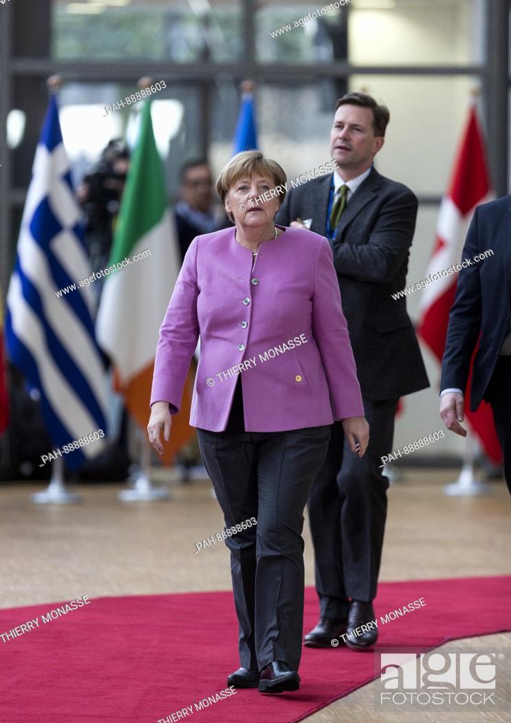 Stock Photo: March 9, 2017. Brussels, Belgium: German Chancellor Angela Merkel arrives for an EU chief of state summit in the Europa building, the EU Council headquarter.
