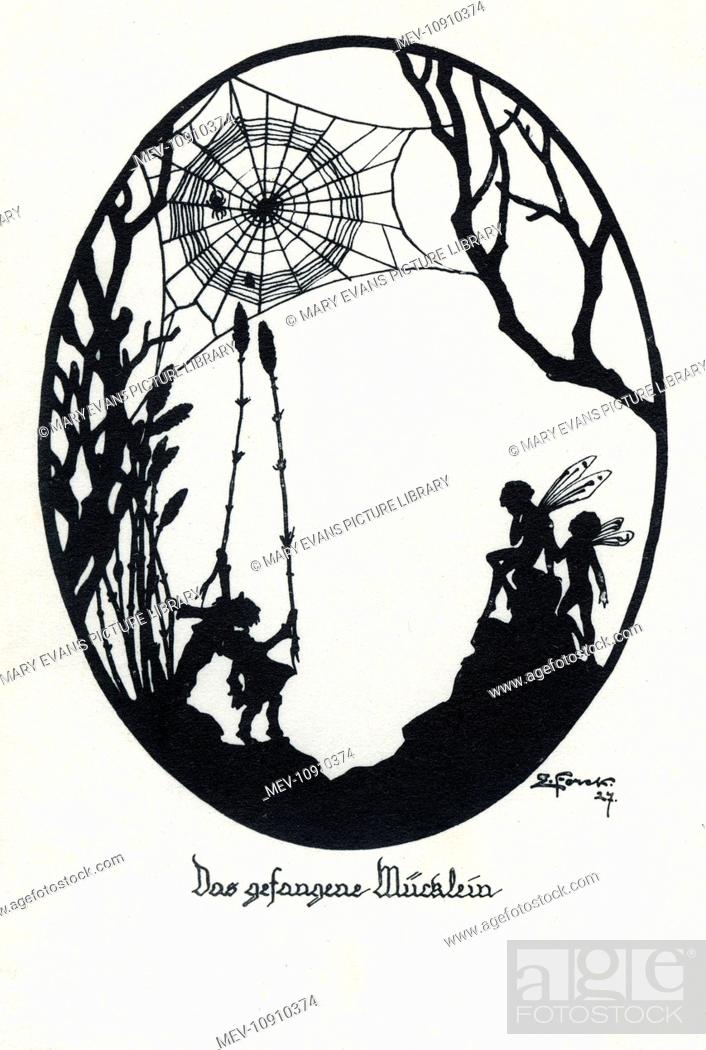 Imagen: Silhouette depicting a fly caught in a cobweb. Two fairies sit, powerless to help, but two elves try to free it.