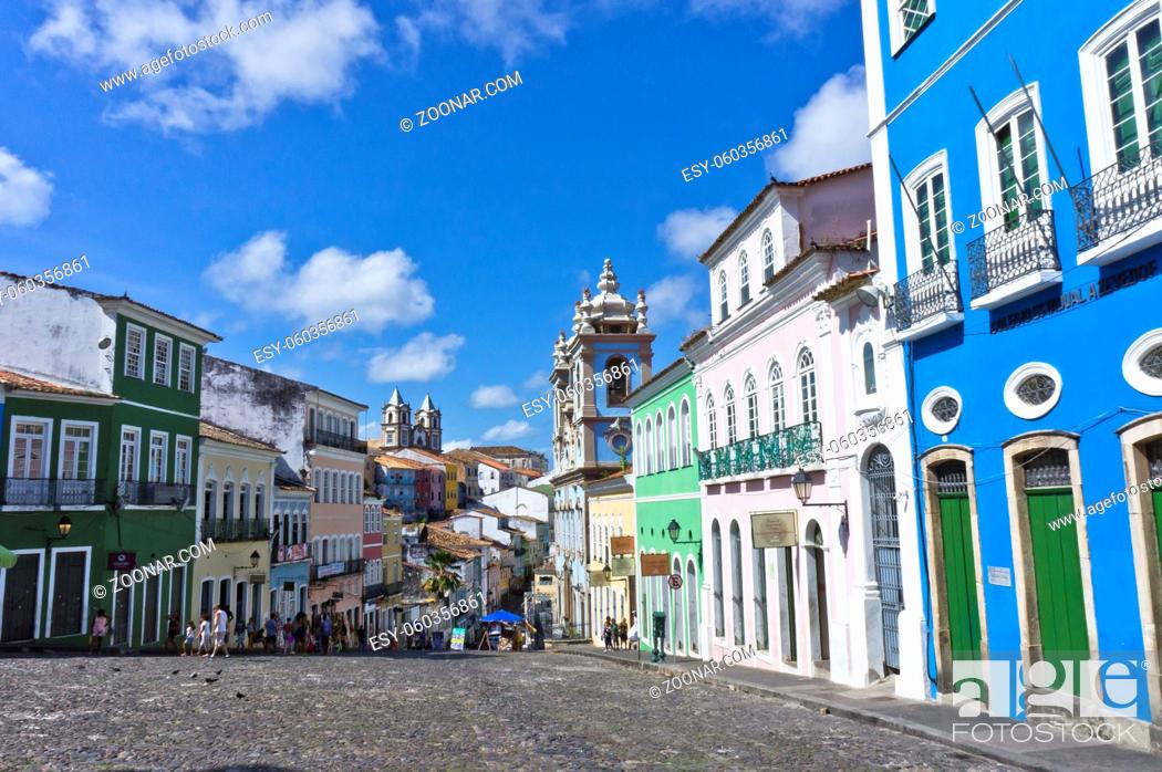 Stock Photo: Salvador de Bahia, Pelourinho view with colorful buildings, Brazil, South America.