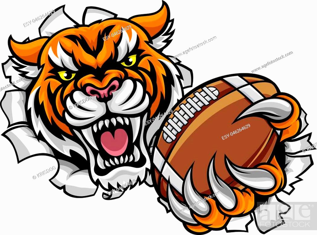 A Tiger angry animal sports mascot holding an American football ball and  breaking through the..., Stock Vector, Vector And Low Budget Royalty Free  Image. Pic. ESY-046264629 | agefotostock