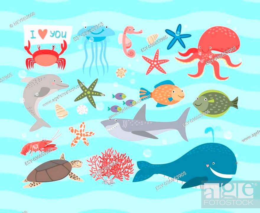 Stock Vector: Vector set of cute sea animals. Dolphin and octopus and turtle, jellyfish and sea horse, shark and cancer, whale and fish, starfish and corals.