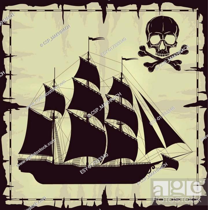 Stock Vector: Large ship and skull over old paper.