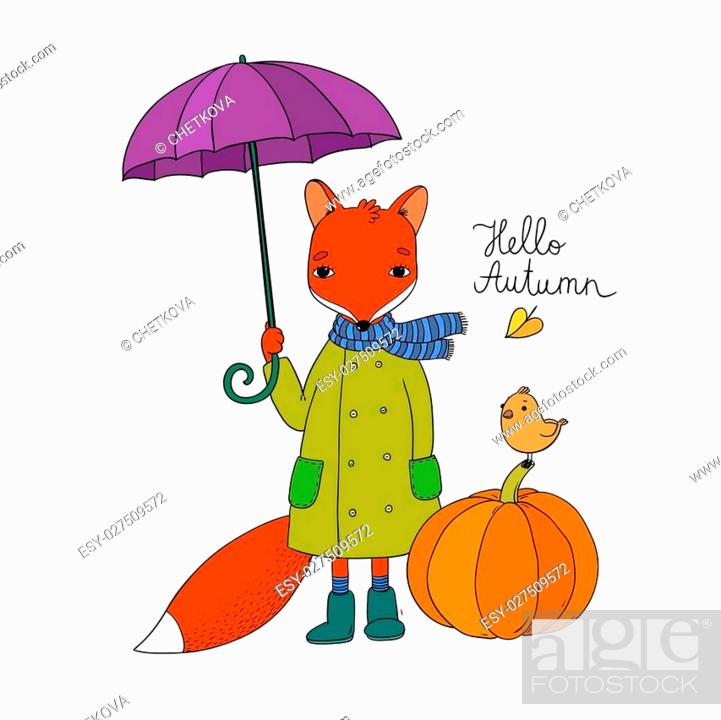 Cute cartoon fox under an umbrella and a small bird on a pumpkin, Stock  Vector, Vector And Low Budget Royalty Free Image. Pic. ESY-027509572 |  agefotostock