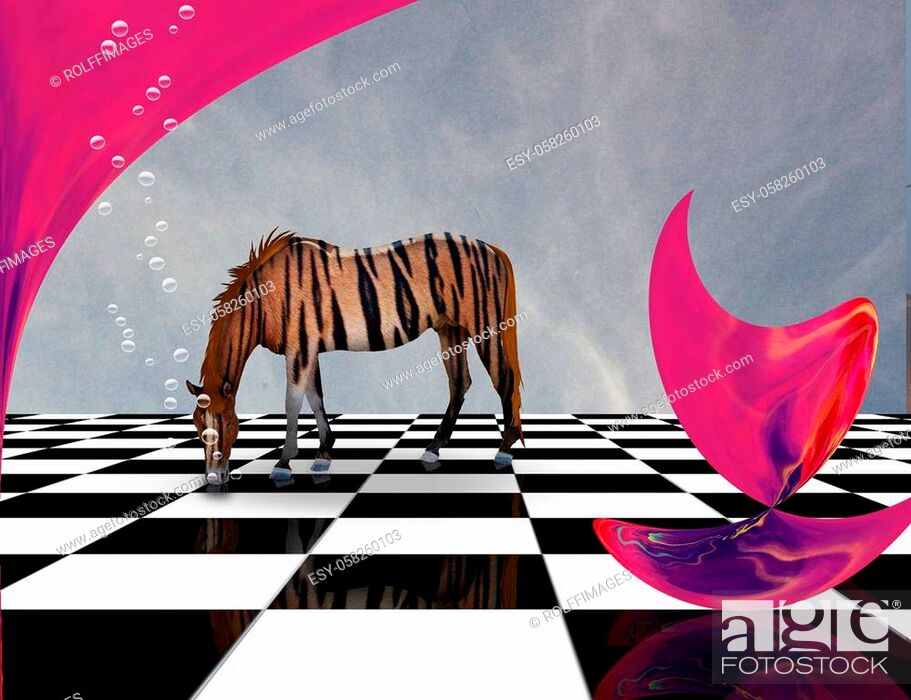 Stock Photo: Surreal composition. Pink matter and striped horse on chessboard.