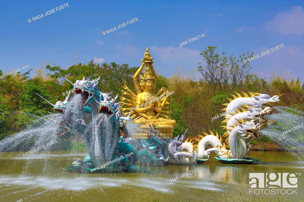 Stock Photo: Ancient, Avalokitesavara, Bangkok, Bodhisattva, Siam, Thailand, Asia, colourful, culture, dragons, fountain, park, pond, touristic, travel.