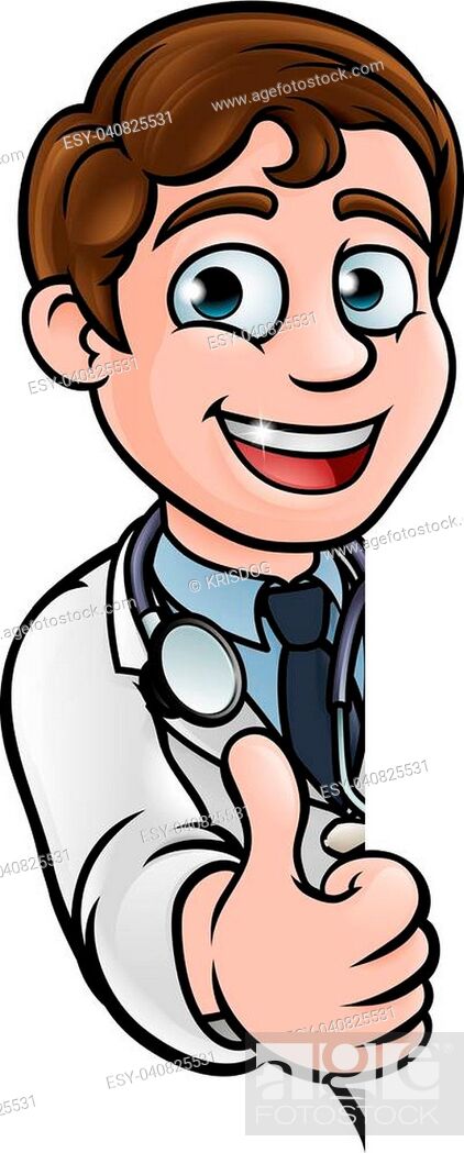 A cartoon doctor wearing lab white coat with stethoscope peeking around  sign and giving a thumbs up, Stock Vector, Vector And Low Budget Royalty  Free Image. Pic. ESY-040825531 | agefotostock
