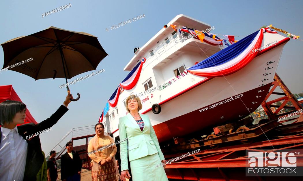 Stock Photo: The partner in life of German President Joachim Gauk, Daniela Schadt takes part in a baptism ceremony of a converted passanger boat called the 'Swimming Doctors.