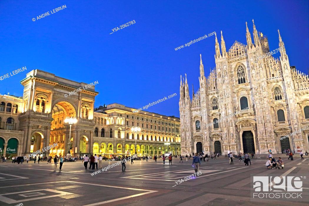 Stock Photo: Piazza del Duomo and the front entrances of the Duomo and Galleria Vittorio Emanuele in Milan Italy.