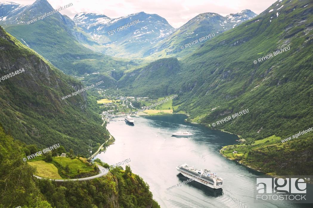 Stock Photo: Geirangerfjord, Norway. Touristic Ship Ferry Boat Cruise Ship Liner Floating Near Geiranger In Geirangerfjorden In Summer Day.